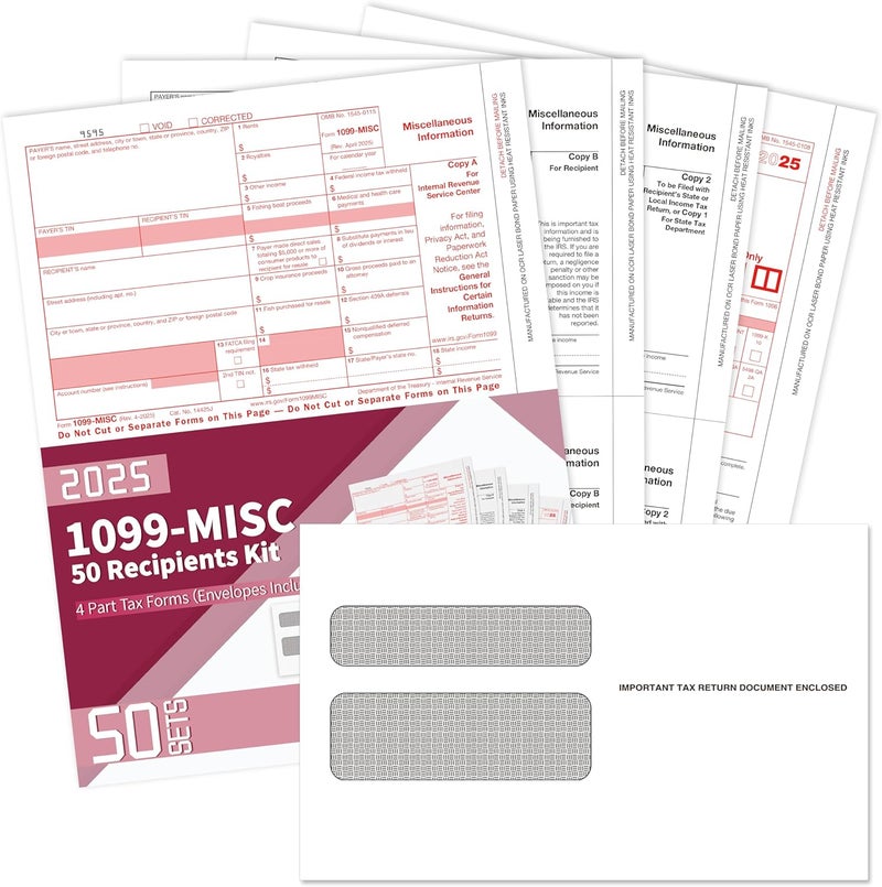 Yeplan 1099 Misc Forms 2025 with Envelopes, 50 2025 1099 Misc Tax Forms, 4 Part, with 50 Self Seal Envelopes with 3 1096 Included - Image 1